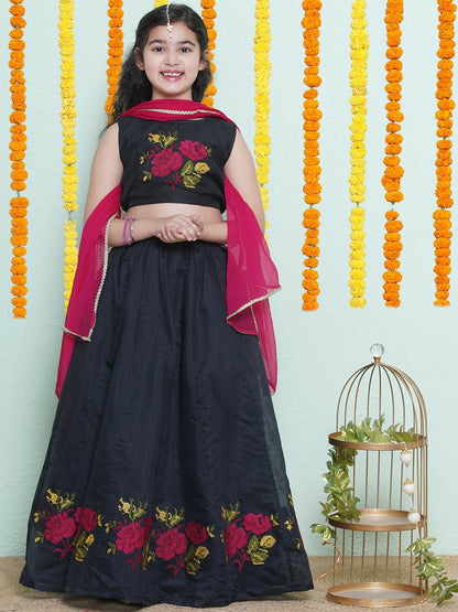 Buy Black & Pink Embroidered Girls Lehenga Choli with Dupatta – Indiaista