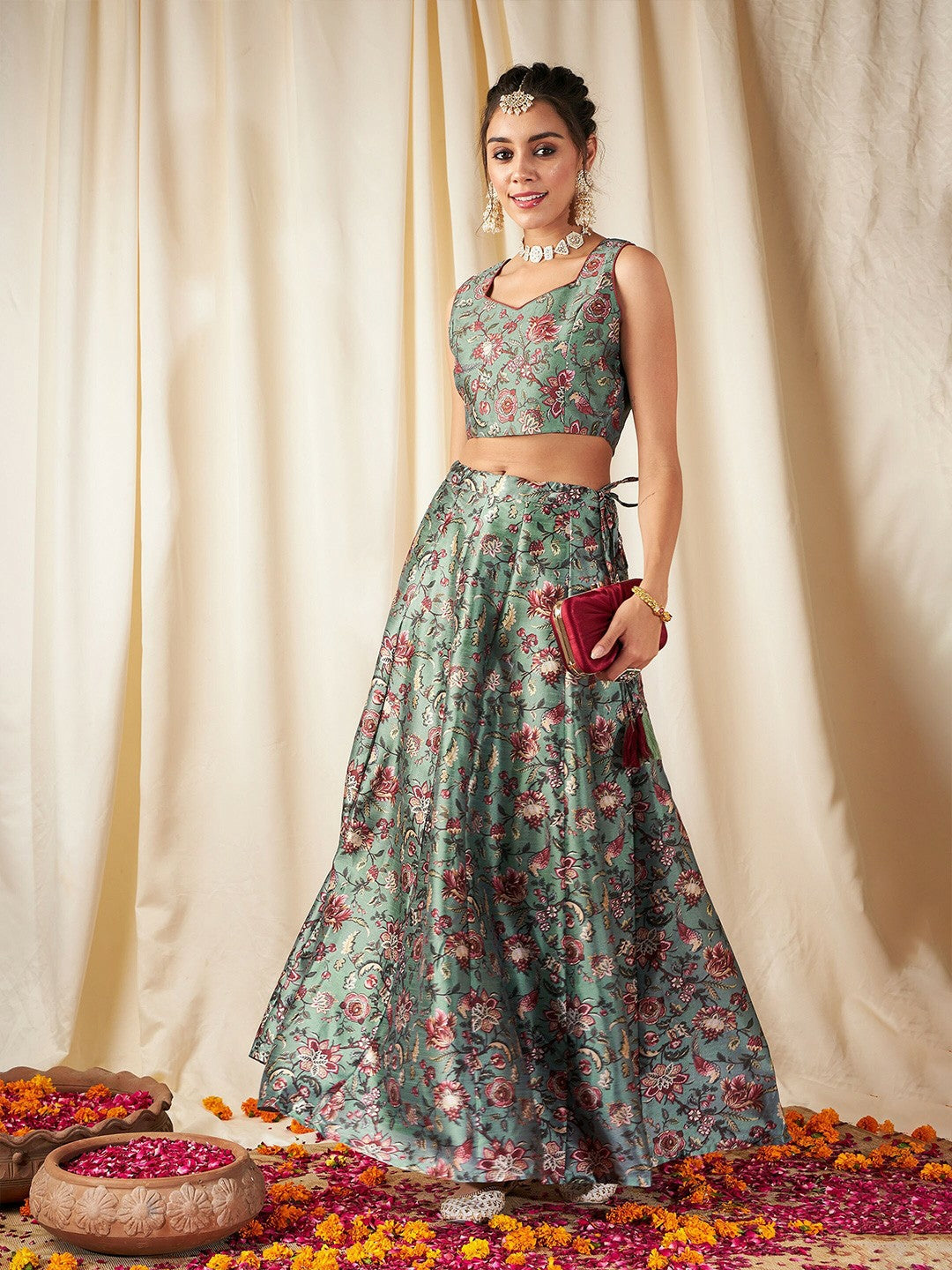 Olive Green & Pink Floral Printed Lehenga Choli – Bollywood Wedding, Bridal & Bridesmaid Wear | Handmade Indian Pakistani Outfit