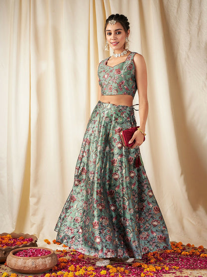 Olive Green & Pink Floral Printed Lehenga Choli – Bollywood Wedding, Bridal & Bridesmaid Wear | Handmade Indian Pakistani Outfit