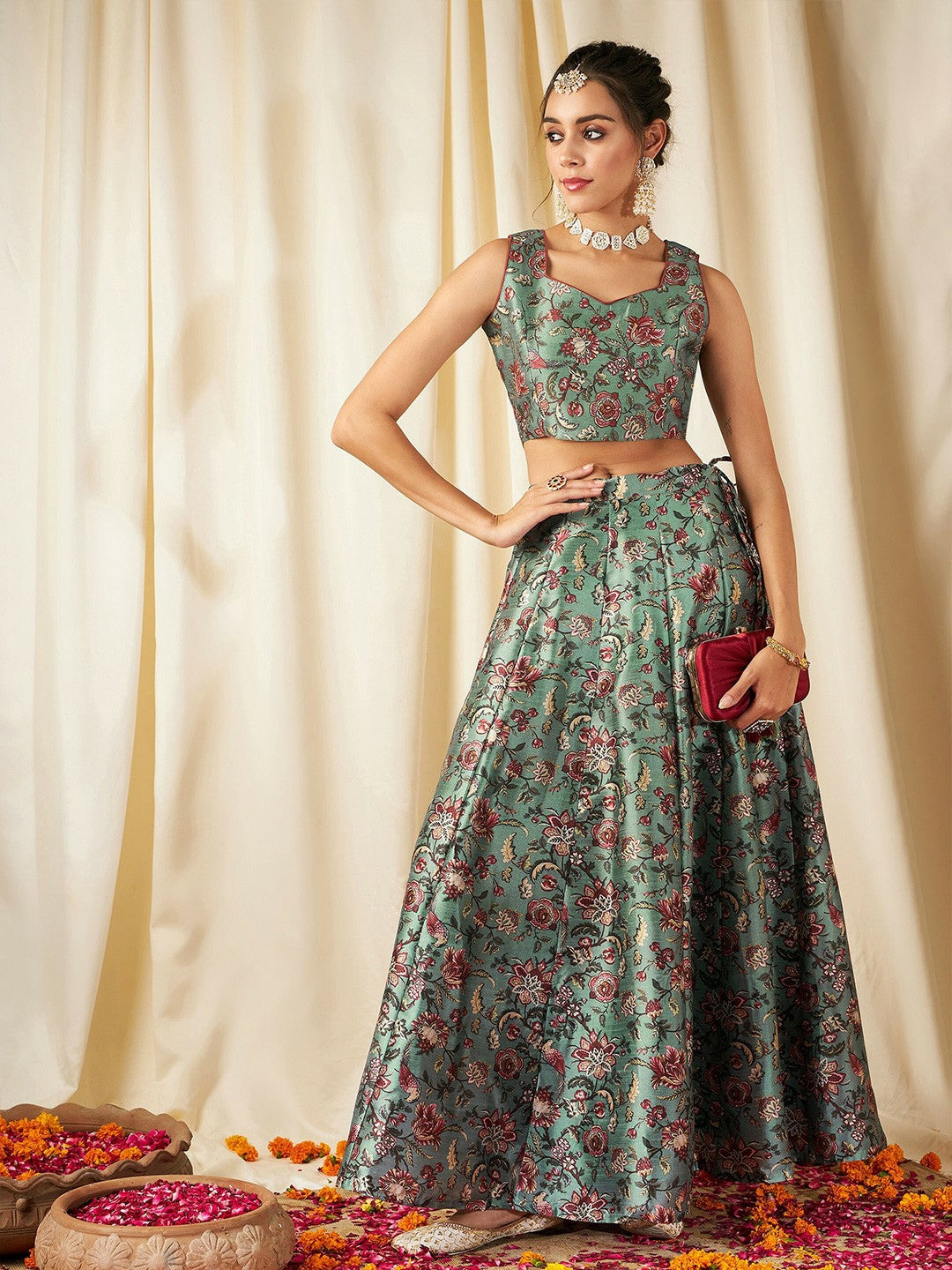 Olive Green & Pink Floral Printed Lehenga Choli – Bollywood Wedding, Bridal & Bridesmaid Wear | Handmade Indian Pakistani Outfit