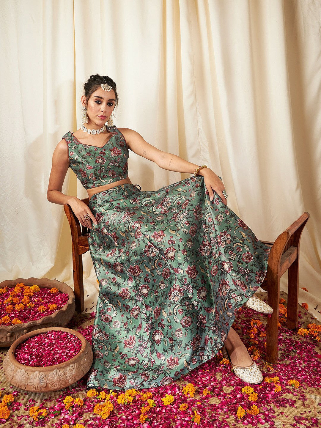 Olive Green & Pink Floral Printed Lehenga Choli – Bollywood Wedding, Bridal & Bridesmaid Wear | Handmade Indian Pakistani Outfit