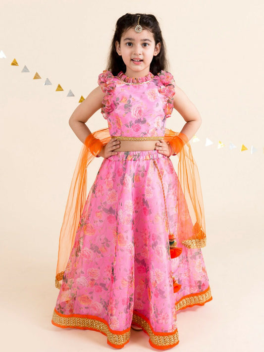 Buy Girls Pink & Orange Printed Lehenga Choli with Dupatta | Indiaista