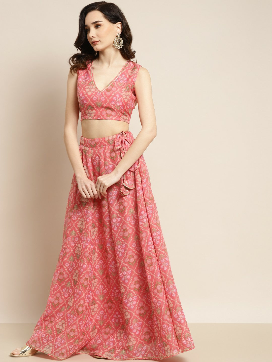 Peach & Olive Green Printed Lehenga Choli – Bollywood Bridal, Bridesmaid, Handmade Indian Pakistani Wedding Wear | Indiaista