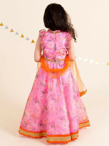 Buy Girls Pink & Orange Printed Lehenga Choli with Dupatta | Indiaista