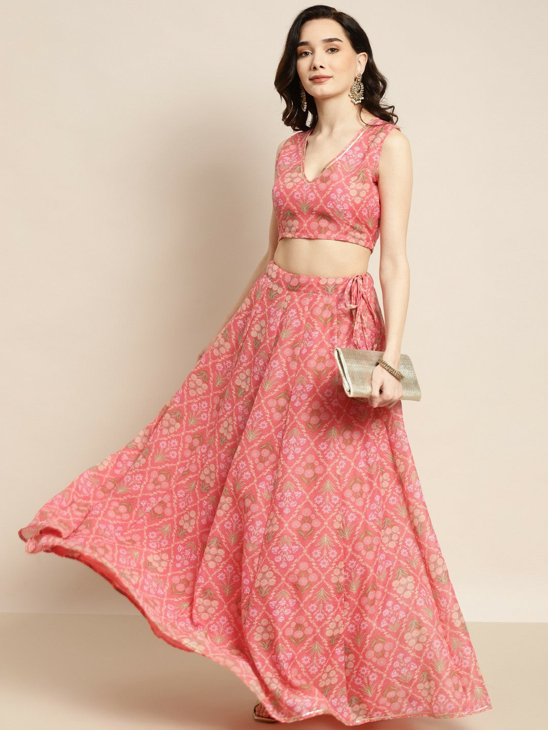 Peach & Olive Green Printed Lehenga Choli – Bollywood Bridal, Bridesmaid, Handmade Indian Pakistani Wedding Wear | Indiaista