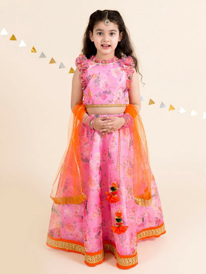 Buy Girls Pink & Orange Printed Lehenga Choli with Dupatta | Indiaista