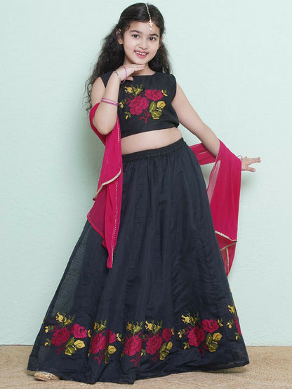 Buy Black & Pink Embroidered Girls Lehenga Choli with Dupatta – Indiaista