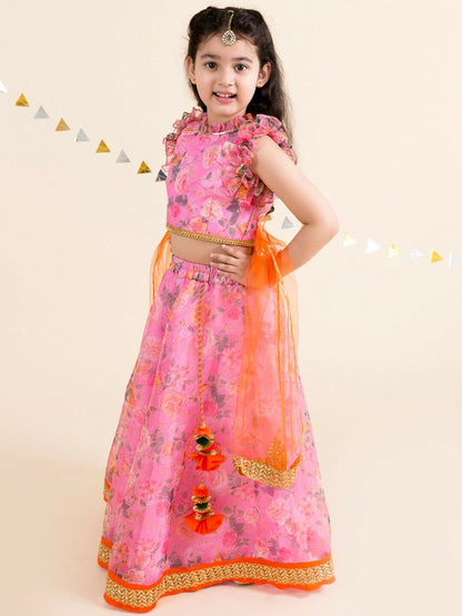 Buy Girls Pink & Orange Printed Lehenga Choli with Dupatta | Indiaista