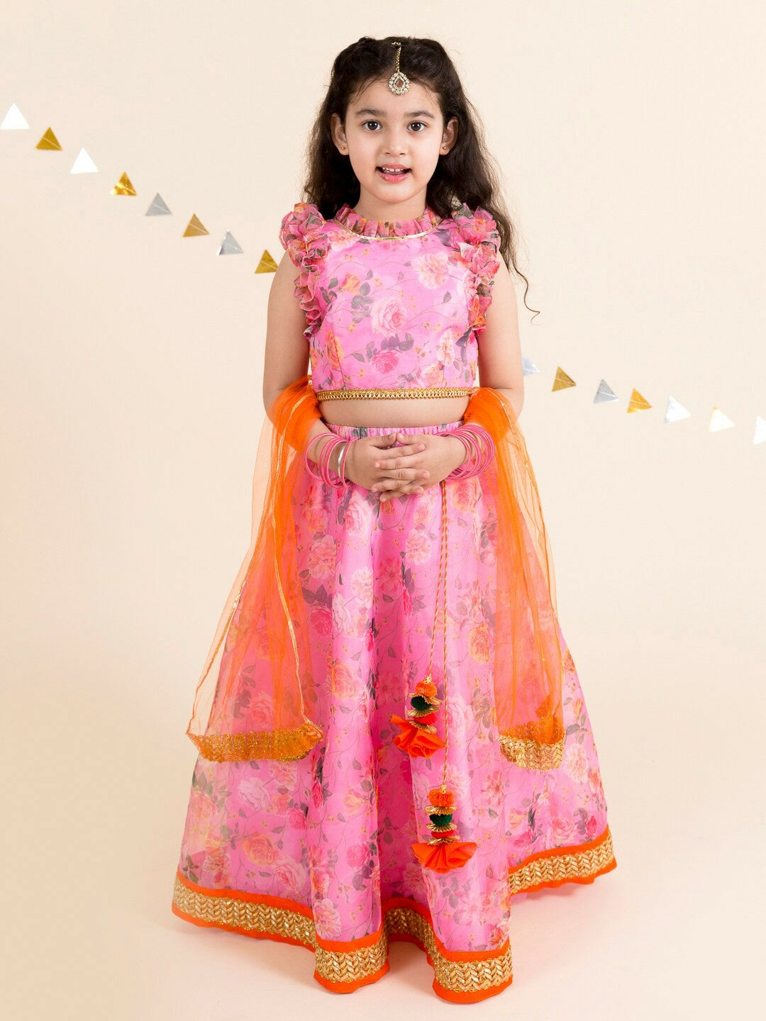 Buy Girls Pink & Orange Printed Lehenga Choli with Dupatta | Indiaista