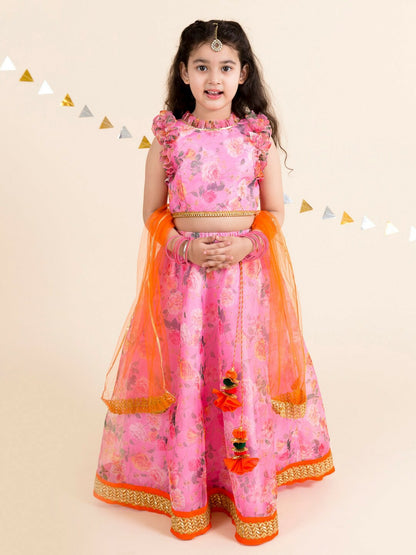 Buy Girls Pink & Orange Printed Lehenga Choli with Dupatta | Indiaista