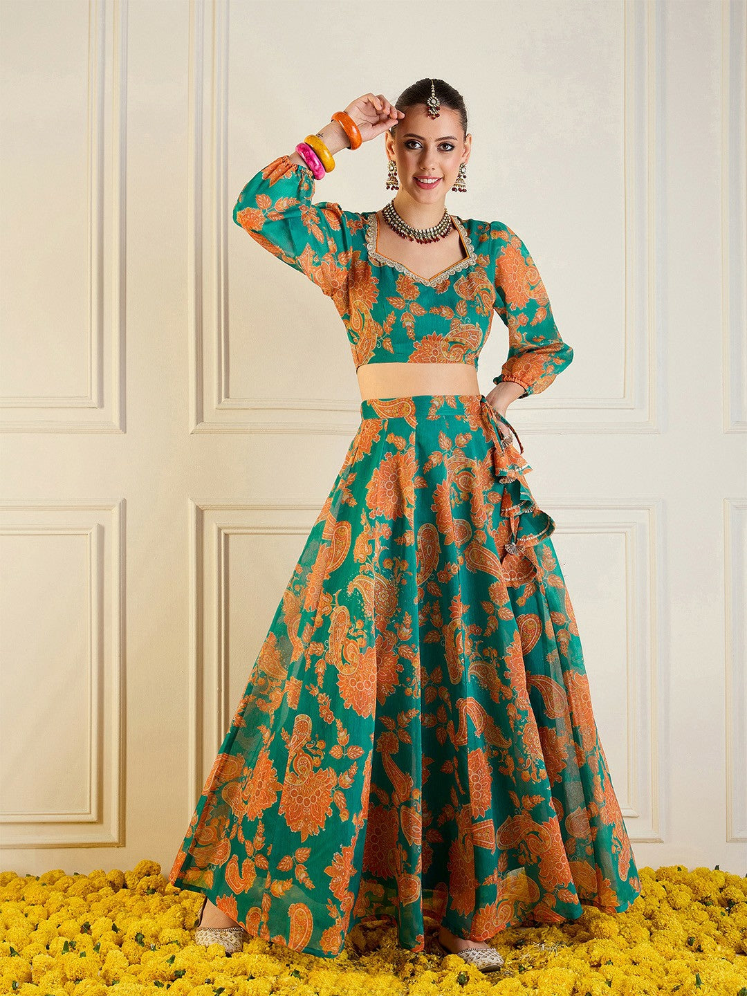 Handmade Green & Orange Printed Lehenga Choli – Bollywood Wedding, Bridal & Bridesmaid Wear | Indiaista