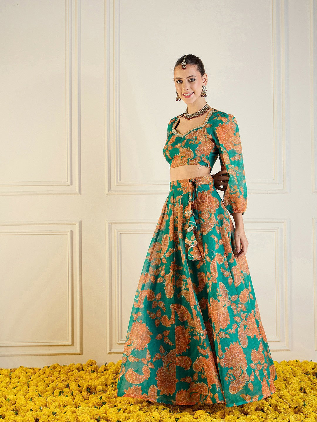 Handmade Green & Orange Printed Lehenga Choli – Bollywood Wedding, Bridal & Bridesmaid Wear | Indiaista