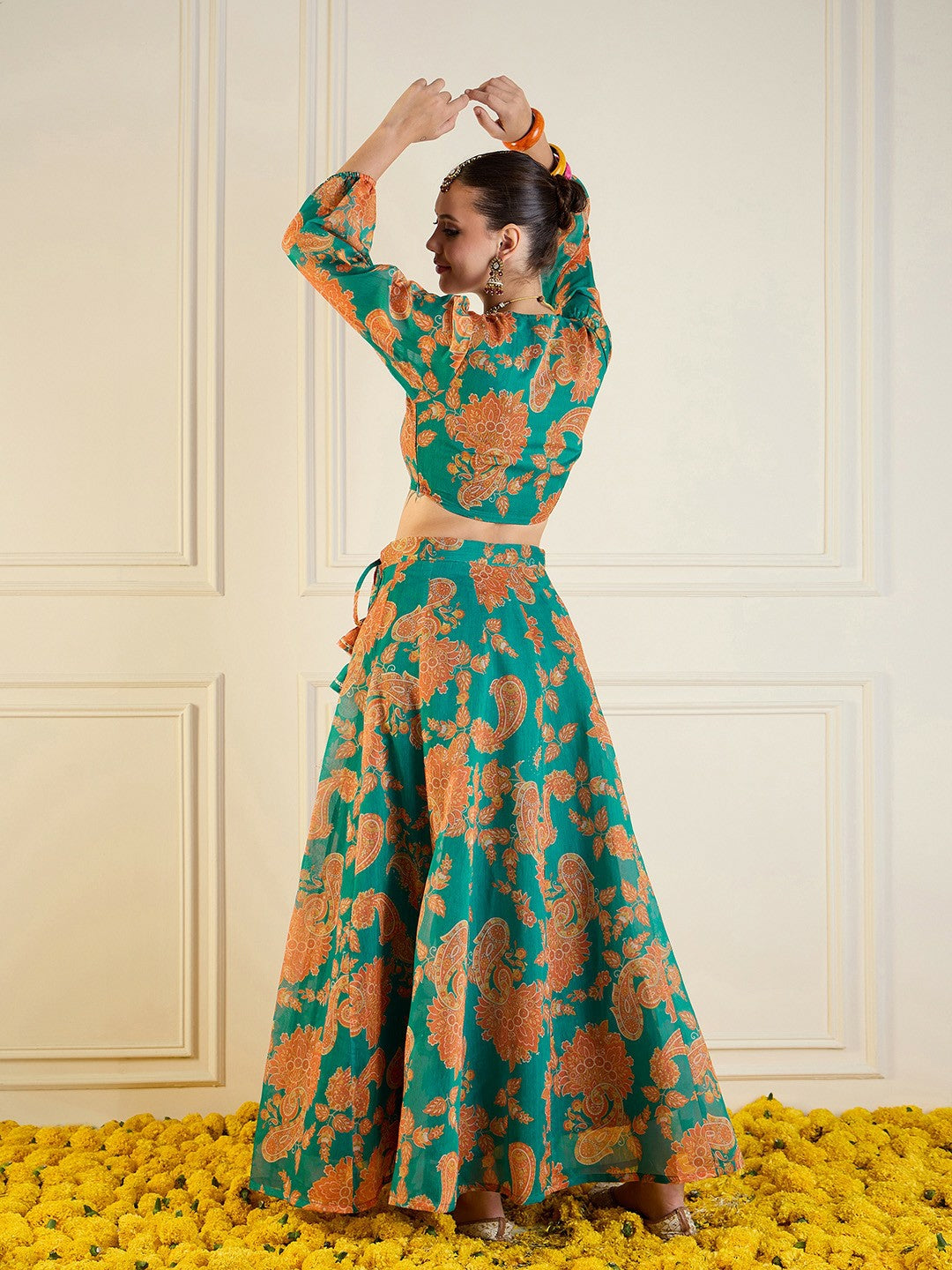 Handmade Green & Orange Printed Lehenga Choli – Bollywood Wedding, Bridal & Bridesmaid Wear | Indiaista