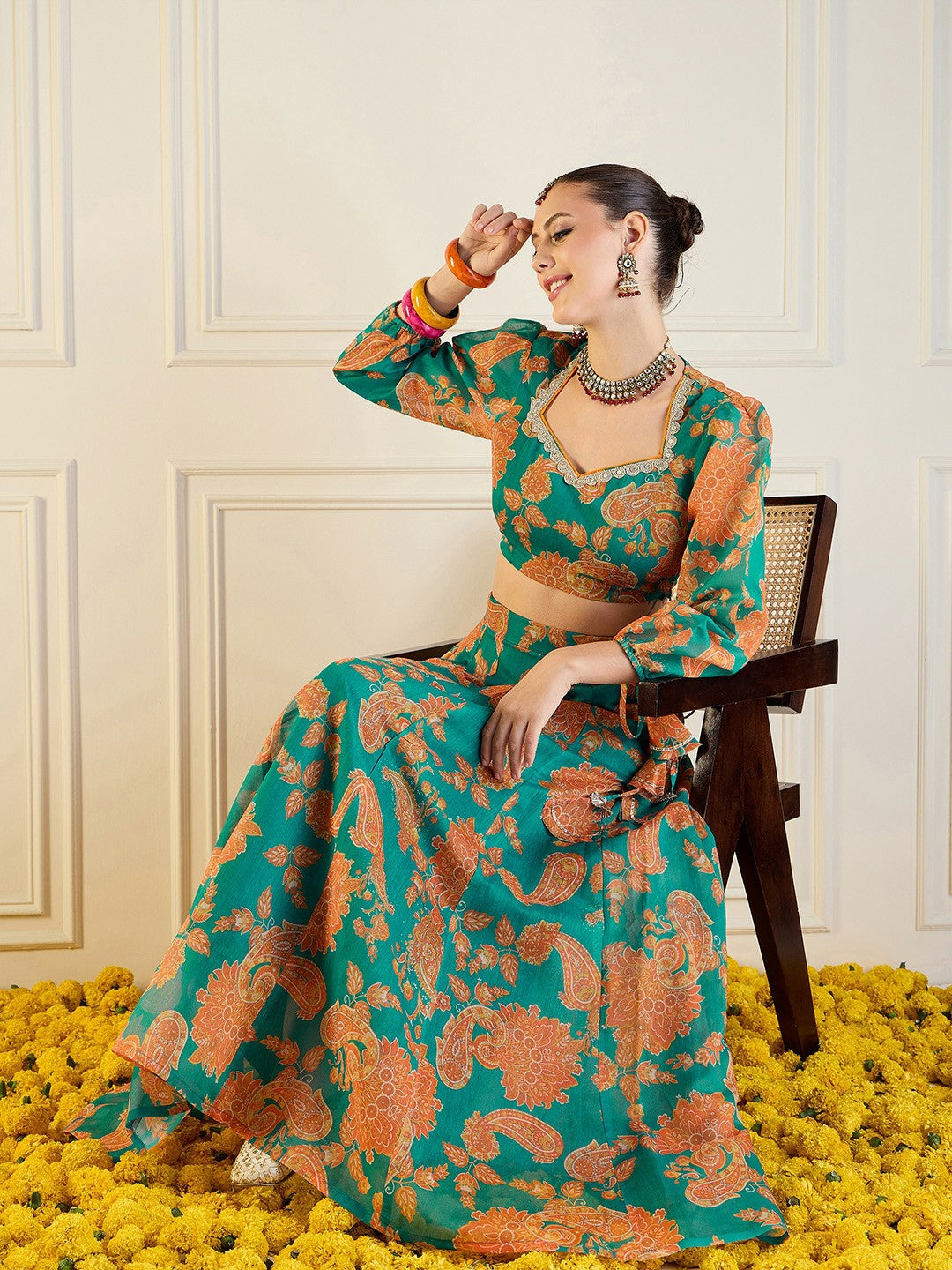 Handmade Green & Orange Printed Lehenga Choli – Bollywood Wedding, Bridal & Bridesmaid Wear | Indiaista