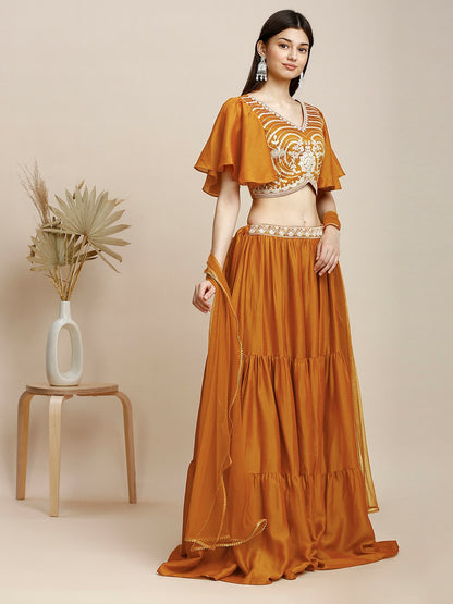 Orange & Gold Embroidered Lehenga Choli with Dupatta – Bollywood Wedding & Bridal Wear | Indiaista