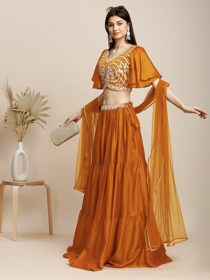 Orange & Gold Embroidered Lehenga Choli with Dupatta – Bollywood Wedding & Bridal Wear | Indiaista