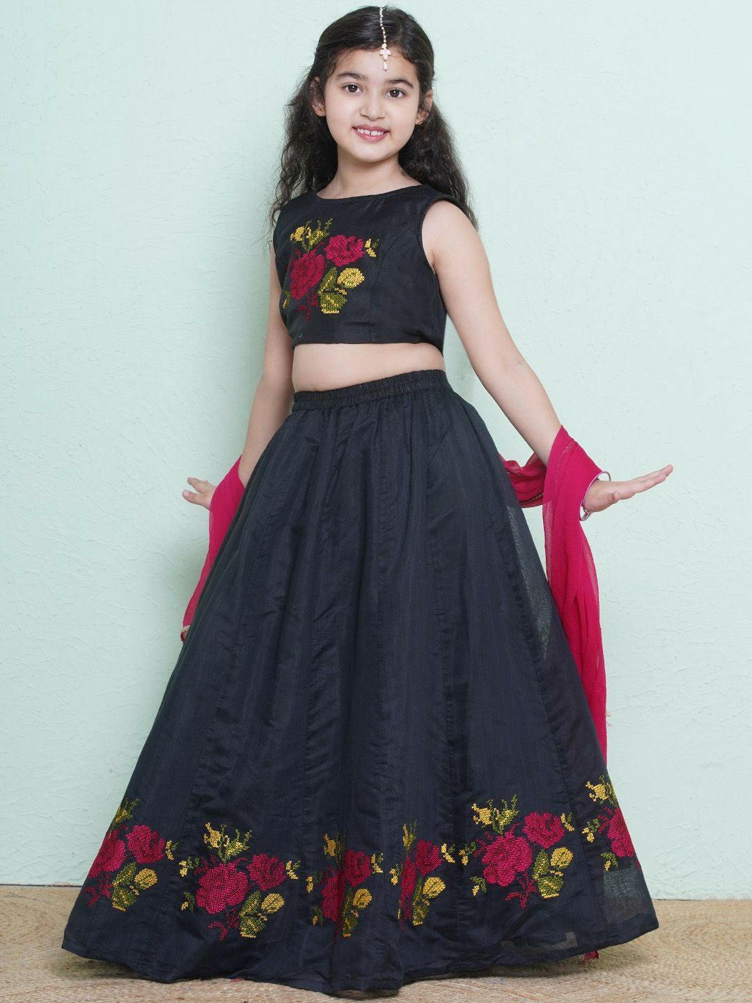 Buy Black & Pink Embroidered Girls Lehenga Choli with Dupatta – Indiaista