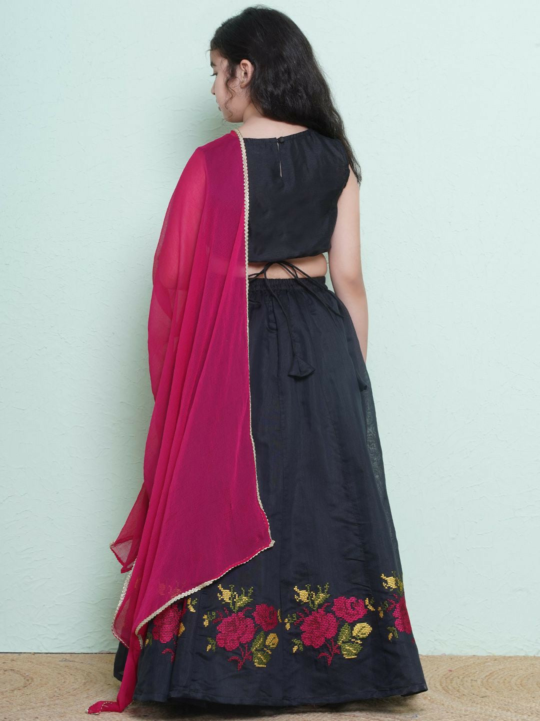 Buy Black & Pink Embroidered Girls Lehenga Choli with Dupatta – Indiaista