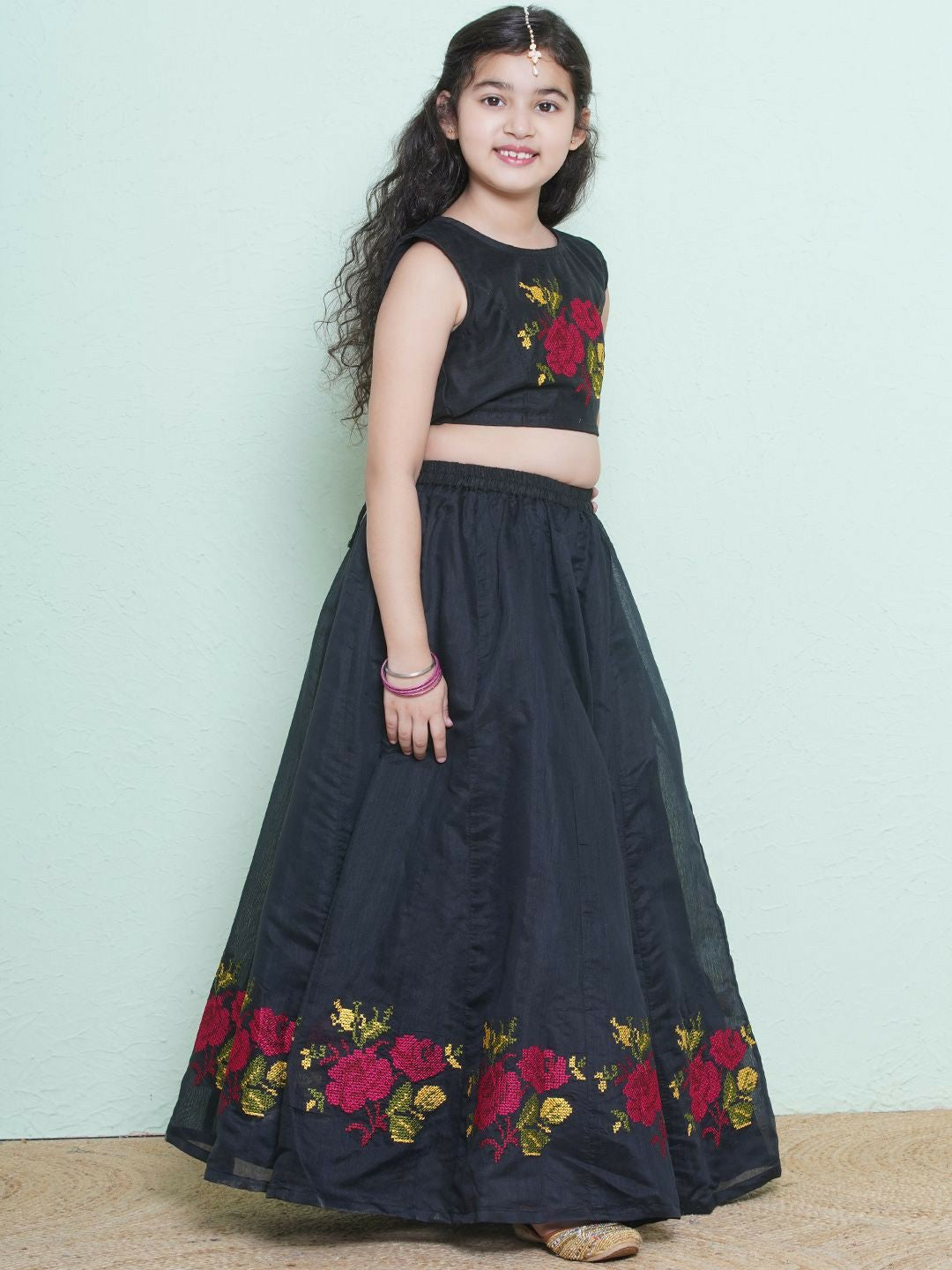 Buy Black & Pink Embroidered Girls Lehenga Choli with Dupatta – Indiaista