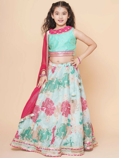 Buy Girls Floral Printed Ready-to-Wear Lehenga Choli with Dupatta – Green & Pink | Indiaista