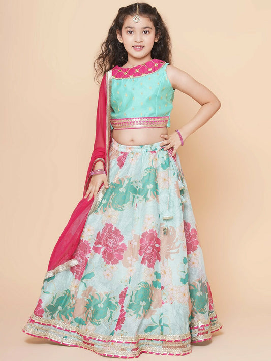 Buy Girls Floral Printed Ready-to-Wear Lehenga Choli with Dupatta – Green & Pink | Indiaista