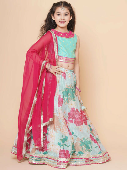 Buy Girls Floral Printed Ready-to-Wear Lehenga Choli with Dupatta – Green & Pink | Indiaista