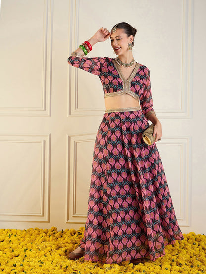 Handmade Brown & Pink Printed Lehenga Choli – Bollywood Bridal, Wedding & Bridesmaid Wear | Indiaista