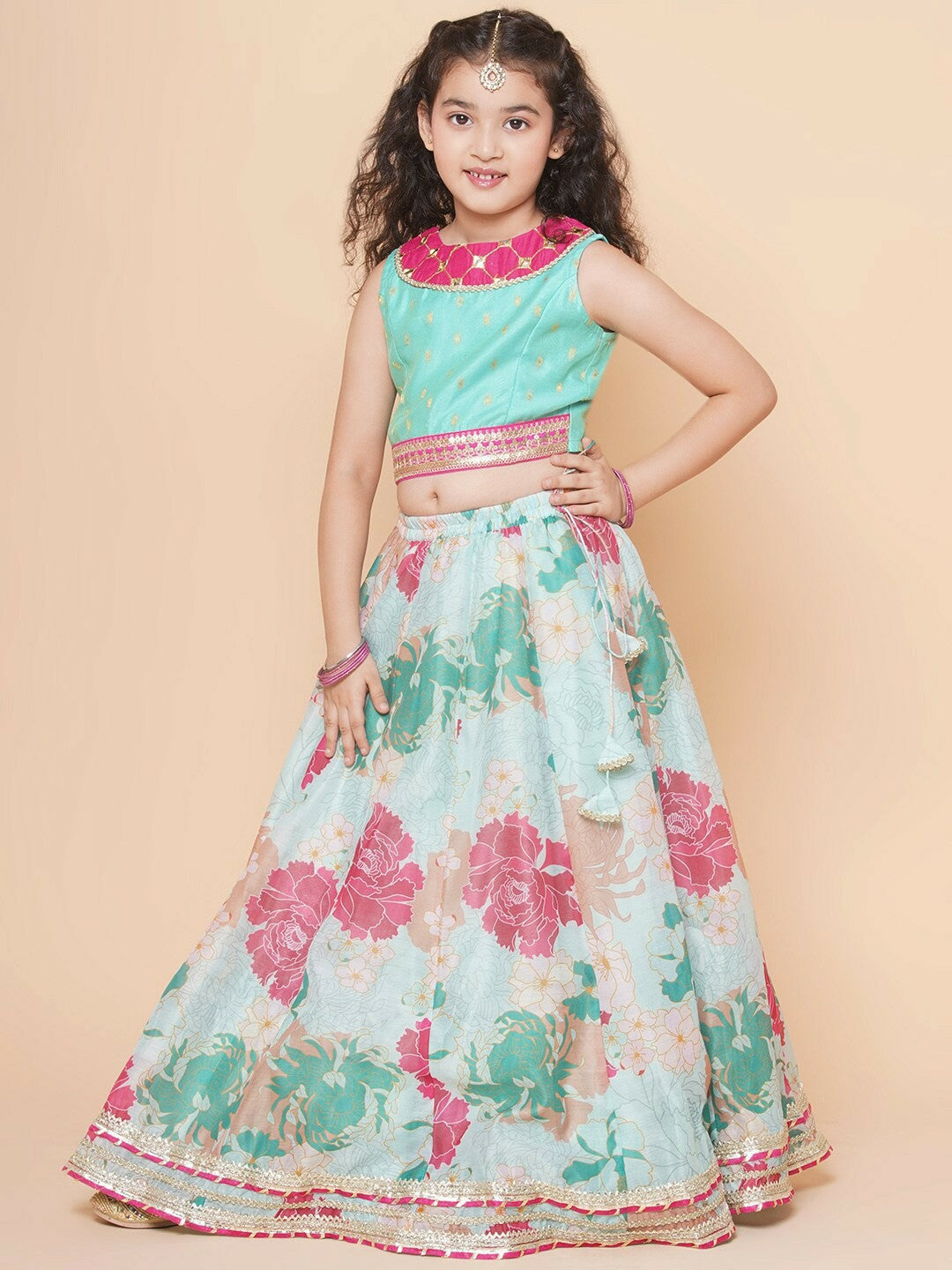 Buy Girls Floral Printed Ready-to-Wear Lehenga Choli with Dupatta – Green & Pink | Indiaista