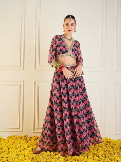 Handmade Brown & Pink Printed Lehenga Choli – Bollywood Bridal, Wedding & Bridesmaid Wear | Indiaista