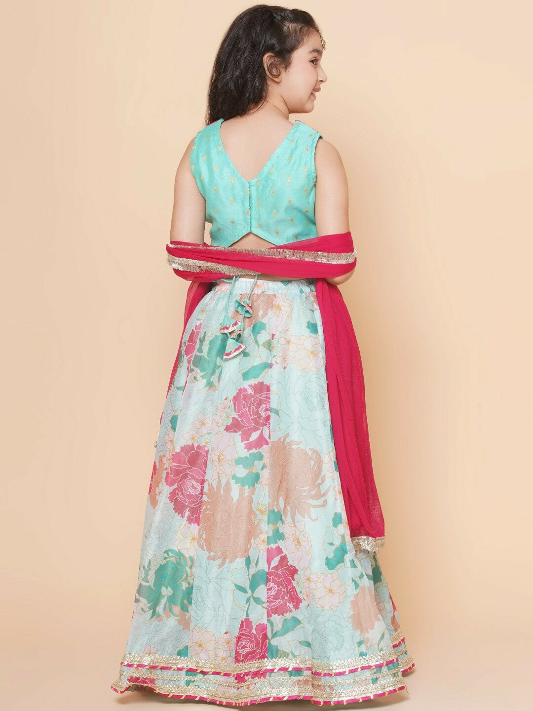 Buy Girls Floral Printed Ready-to-Wear Lehenga Choli with Dupatta – Green & Pink | Indiaista