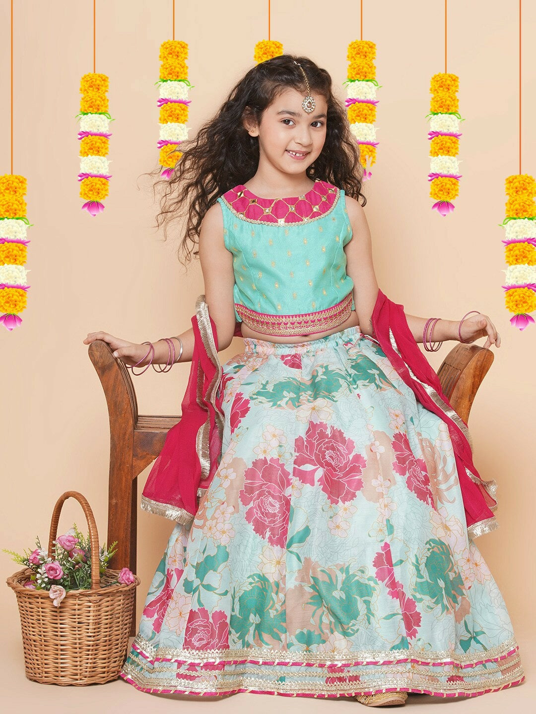 Buy Girls Floral Printed Ready-to-Wear Lehenga Choli with Dupatta – Green & Pink | Indiaista