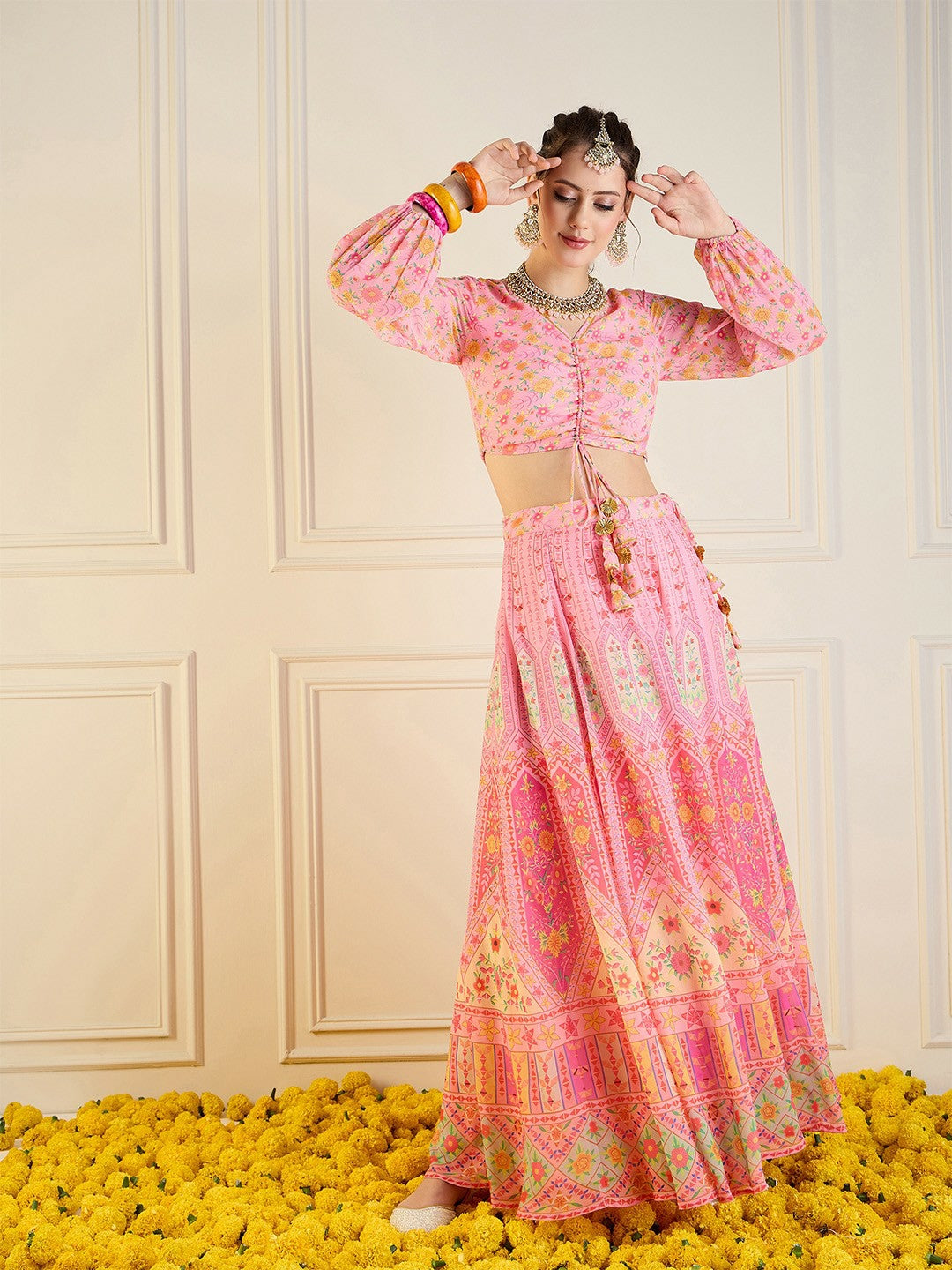 Bollywood Wedding Bridal & Bridesmaid Lehenga Choli – Pink, Green & Yellow Printed Indian Pakistani Outfit | Indiaista