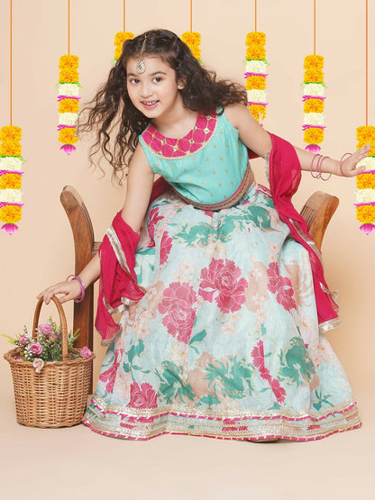 Buy Girls Floral Printed Ready-to-Wear Lehenga Choli with Dupatta – Green & Pink | Indiaista