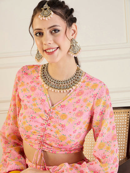 Bollywood Wedding Bridal & Bridesmaid Lehenga Choli – Pink, Green & Yellow Printed Indian Pakistani Outfit | Indiaista