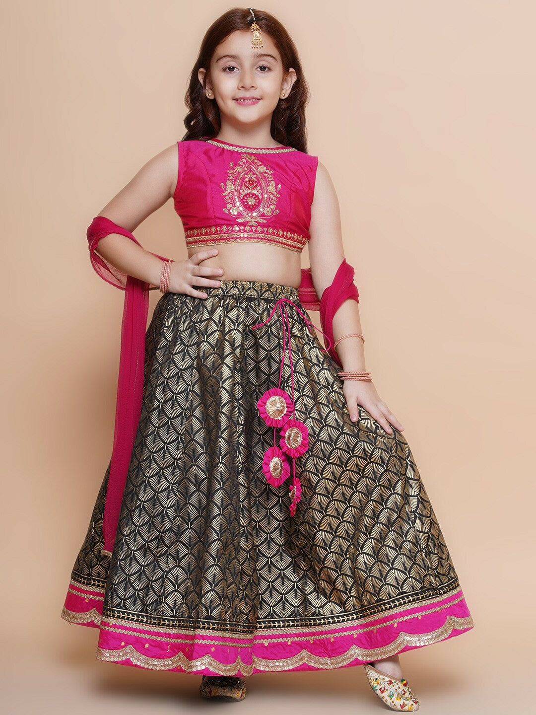 Buy Girls Embroidered Gotta Patti Lehenga Choli with Dupatta – Black & Pink | Indiaista