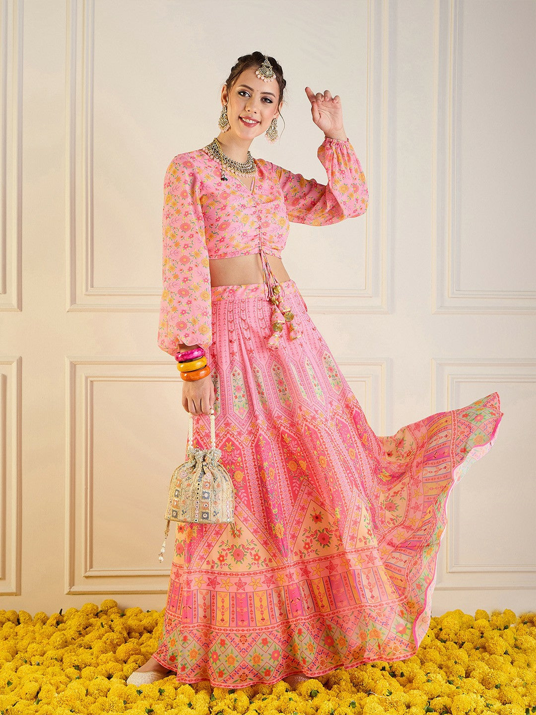 Bollywood Wedding Bridal & Bridesmaid Lehenga Choli – Pink, Green & Yellow Printed Indian Pakistani Outfit | Indiaista