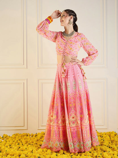 Bollywood Wedding Bridal & Bridesmaid Lehenga Choli – Pink, Green & Yellow Printed Indian Pakistani Outfit | Indiaista