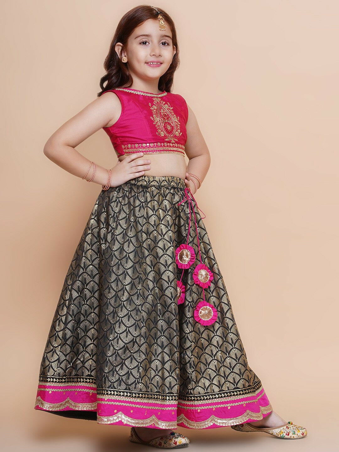 Buy Girls Embroidered Gotta Patti Lehenga Choli with Dupatta – Black & Pink | Indiaista