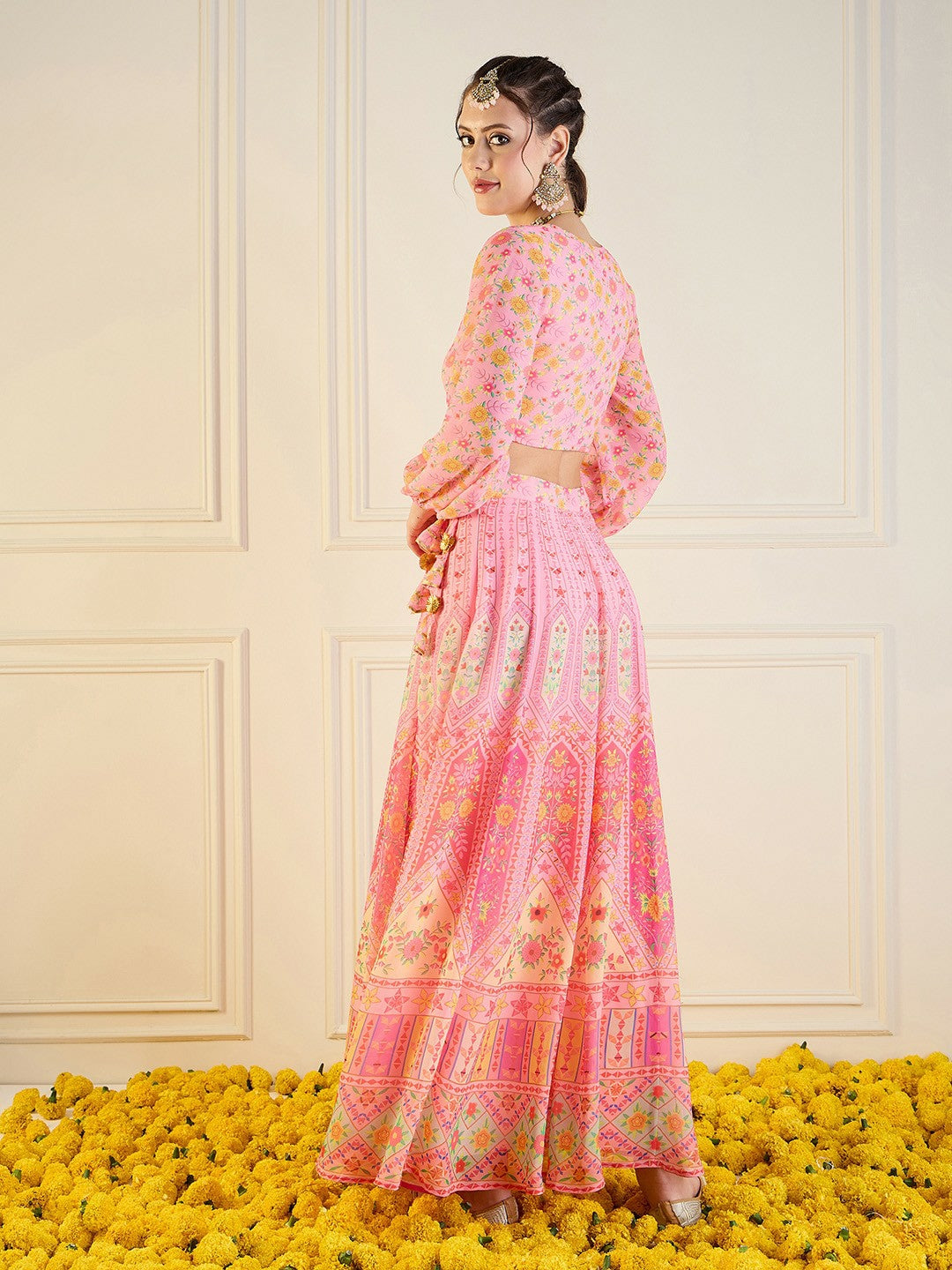 Bollywood Wedding Bridal & Bridesmaid Lehenga Choli – Pink, Green & Yellow Printed Indian Pakistani Outfit | Indiaista