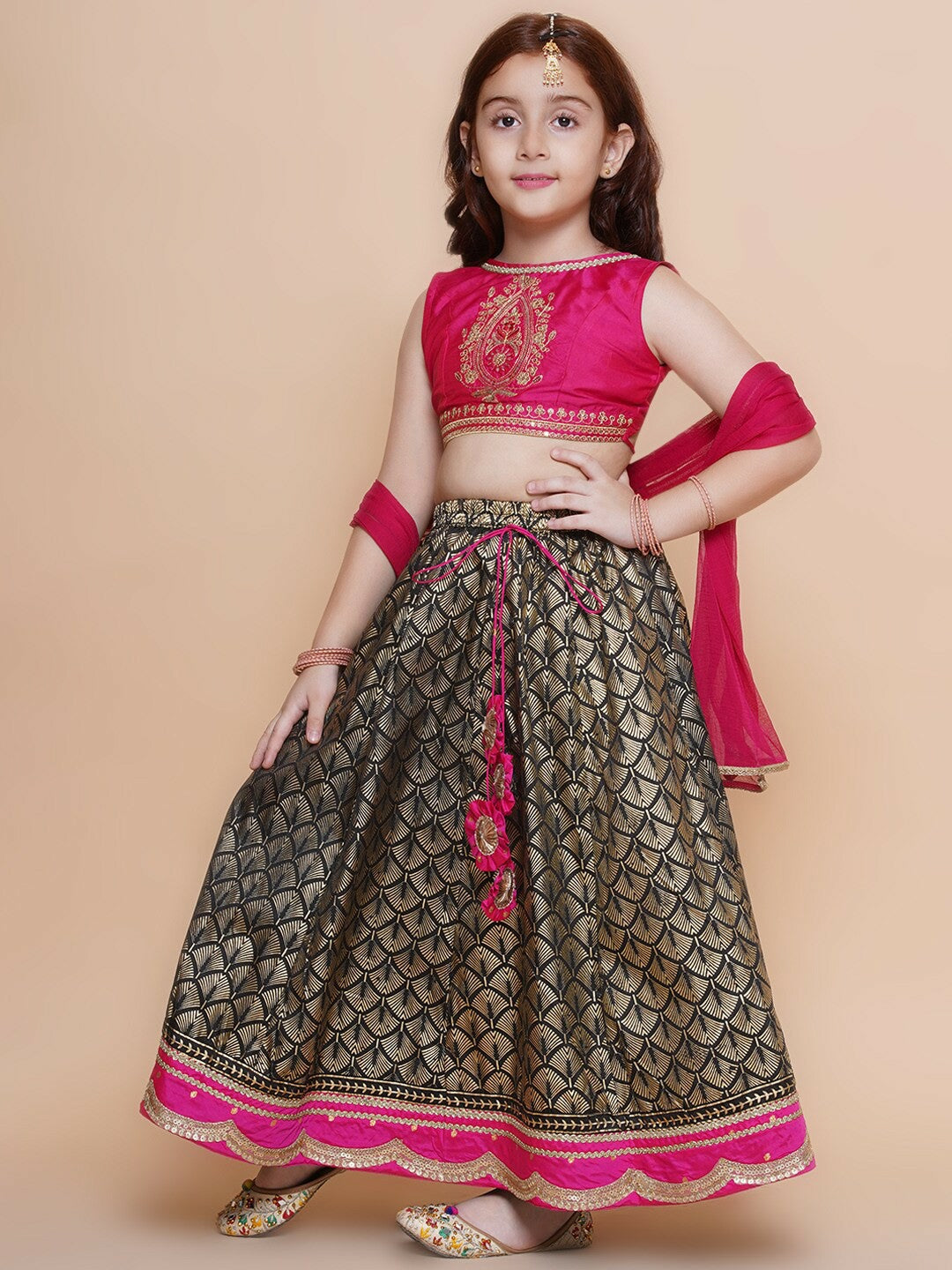 Buy Girls Embroidered Gotta Patti Lehenga Choli with Dupatta – Black & Pink | Indiaista