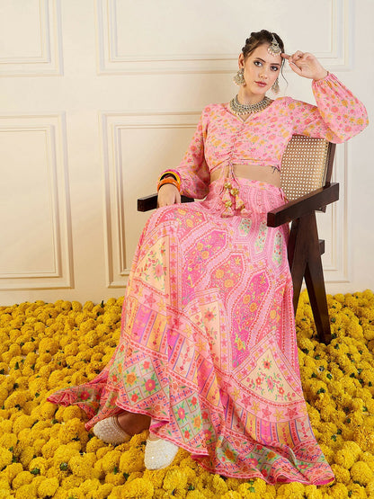 Bollywood Wedding Bridal & Bridesmaid Lehenga Choli – Pink, Green & Yellow Printed Indian Pakistani Outfit | Indiaista