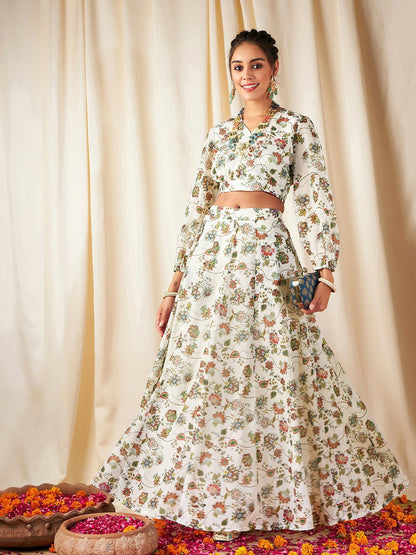 Beige & Green Printed Lehenga Choli for Women – Bollywood Bridal Bridesmaid Indian Pakistani Wedding Wear | Indiaista