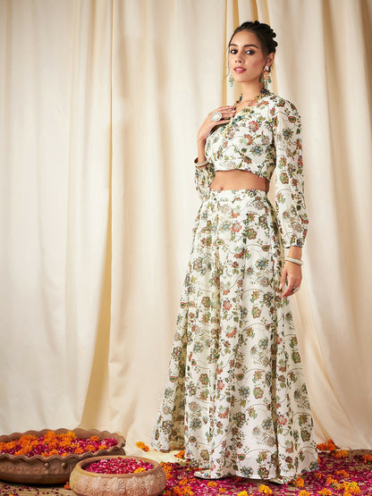 Beige & Green Printed Lehenga Choli for Women – Bollywood Bridal Bridesmaid Indian Pakistani Wedding Wear | Indiaista