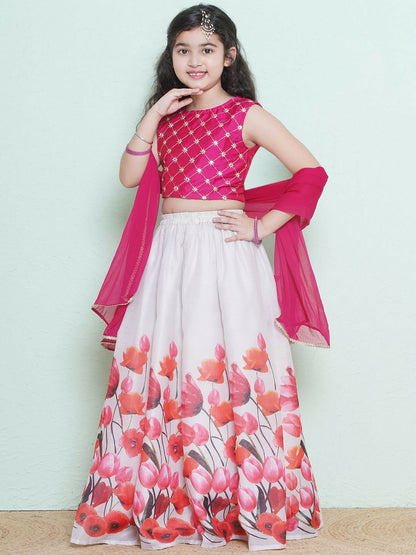 Buy Pink & White Embroidered Girls Lehenga Choli with Dupatta – Indiaista