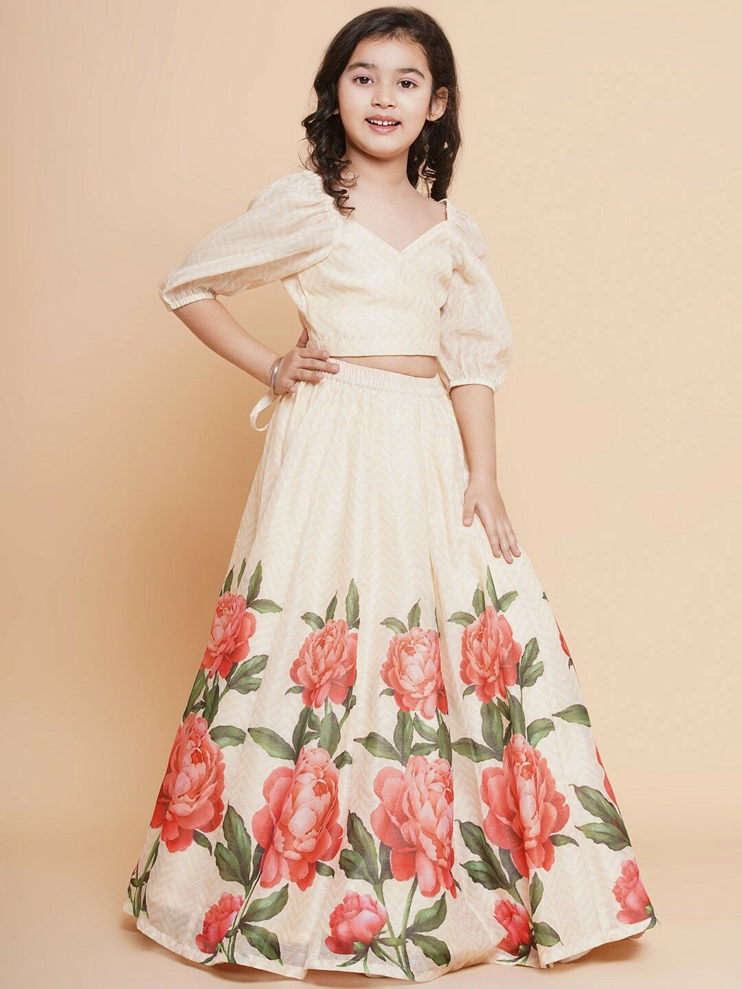 Buy Girls Floral Printed Ready to Wear Lehenga Choli - Beige & Red | Indiaista