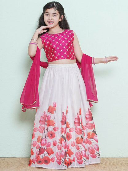 Buy Pink & White Embroidered Girls Lehenga Choli with Dupatta – Indiaista