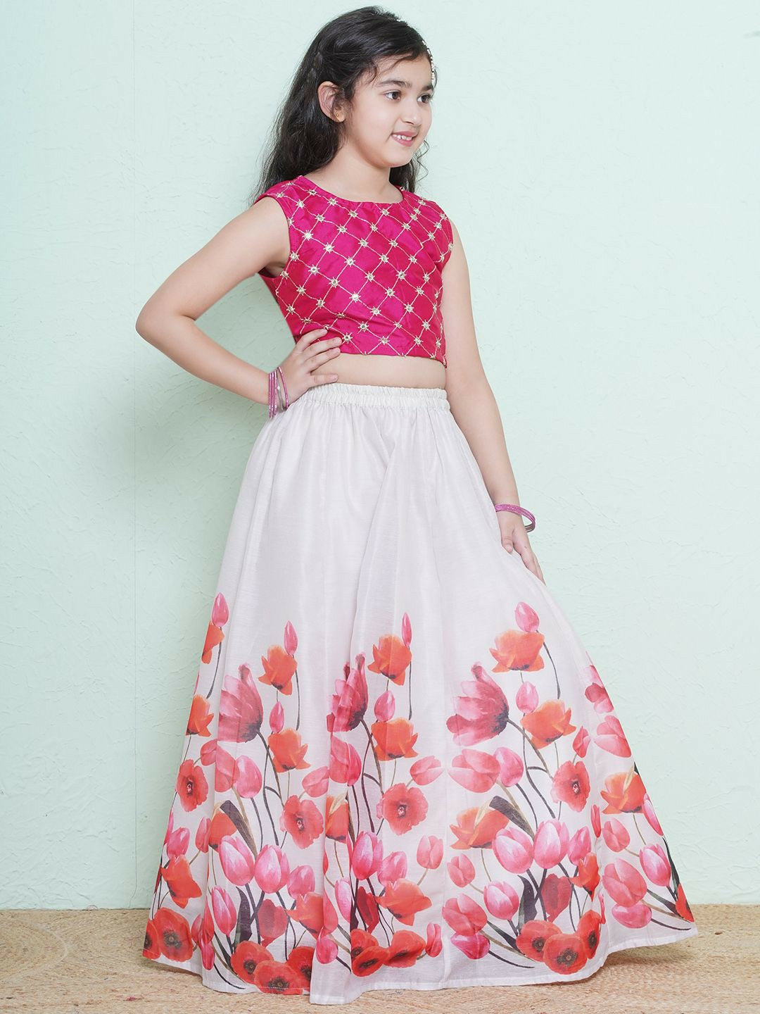 Buy Pink & White Embroidered Girls Lehenga Choli with Dupatta – Indiaista