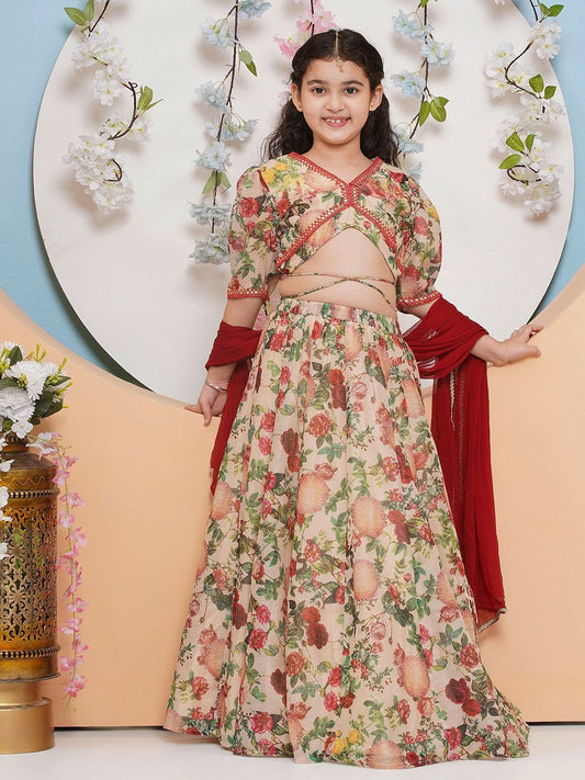 Buy Girls Printed Mirror Work Lehenga Choli with Dupatta – Beige, Green & Red | Indiaista