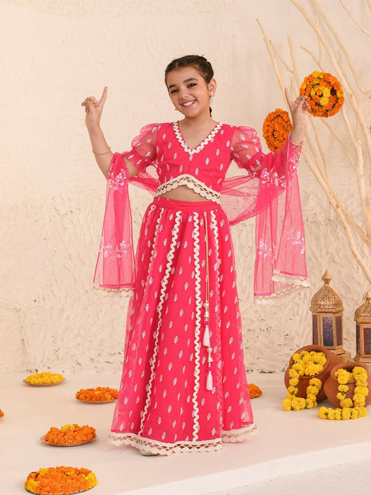 Buy Girls Embroidered Thread Work Lehenga Choli with Dupatta – Pink & White | Indiaista