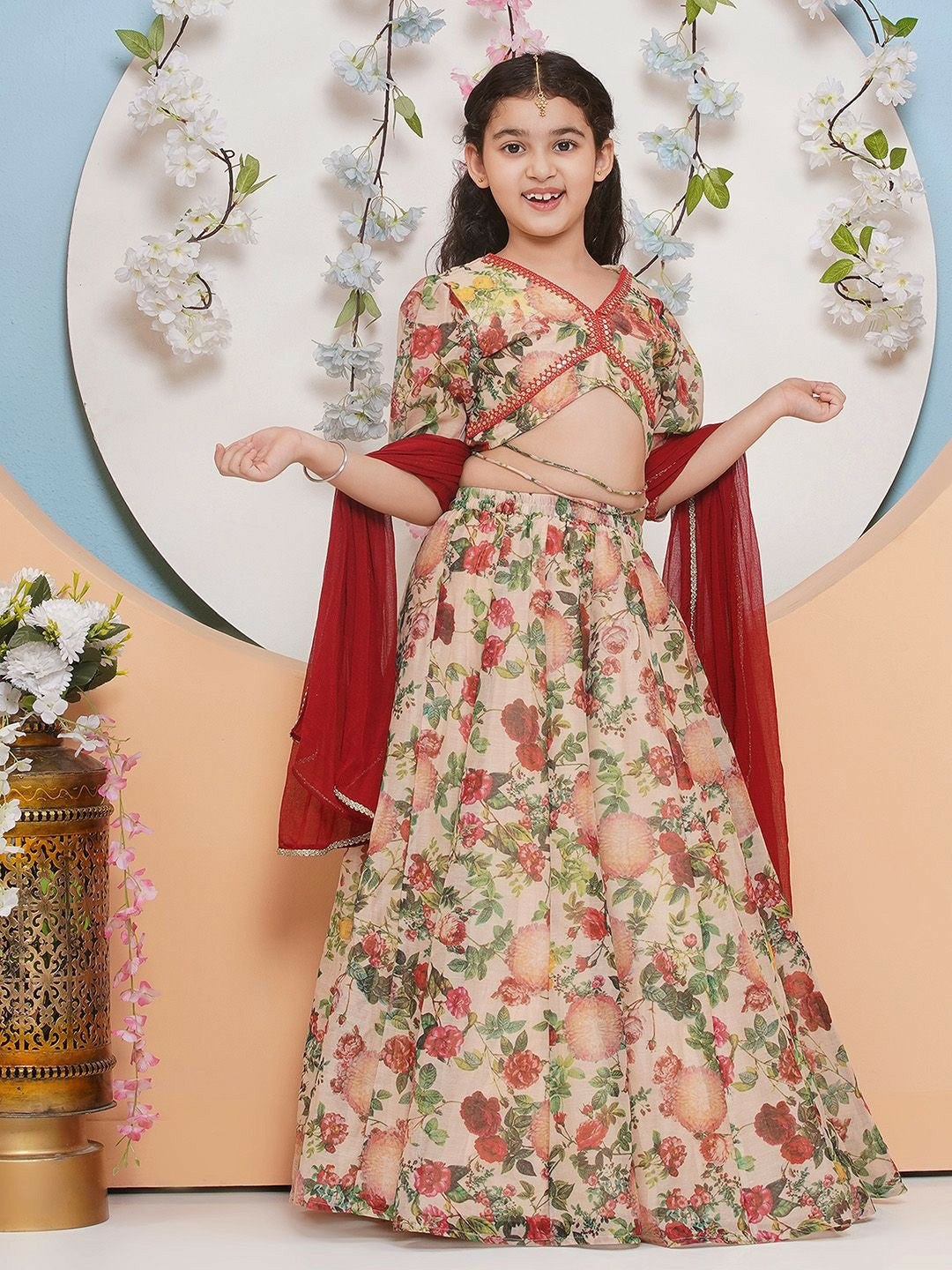 Buy Girls Printed Mirror Work Lehenga Choli with Dupatta – Beige, Green & Red | Indiaista